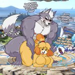 animal_crossing anthro blonde_hair breasts butt canid canine canis domestic_dog duo english_text female grey_body hair hi_res isabelle_(animal_crossing) male mammal muscular muscular_male nintendo penetration sprigatitoartz star_fox super_smash_bros. super_smash_bros._ultimate text white_hair wolf wolf_o'donnell yellow_body