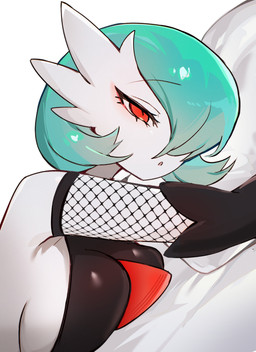 armwear black_clothing breast_squish breasts clothing female fishnet_armwear fishnet_clothing green_hair hair red_eyes side_boob solo squish white_body chunniwa nintendo pokemon gardevoir generation_3_pokemon humanoid pokemon_(species) absurd_res hi_res
