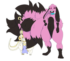 anthro big_butt black_body black_fur black_nails blue_collar buckteeth butt collar colored_nails dipstick_tail duo floppy_ears fox_tail fur furry_tail gloves_(marking) hand_on_hip horn huge_thighs leg_markings long_ears looking_up lop_ears male markings multi_tail nails pink_body pink_eyes pink_fur pink_sclera question_mark socks_(marking) spikes spikes_(anatomy) tail tail_markings tail_mouth teeth thick_thighs unusual_anatomy unusual_tail white_body wide_hips yellow_body yellow_fur lewdy_ludi maen kobold lagomorph leporid mammal rabbit scalie hi_res
