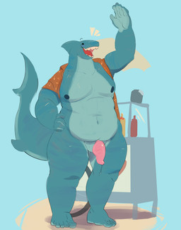 anthro belly big_belly bodily_fluids bottomless clothed clothing genitals male nipples penis simple_background slightly_chubby smile solo tail teeth thick_thighs topwear wide_hips red_breadd aquatic fish shark absurd_res digital_media_(artwork) hi_res