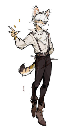 anthro belt black_body black_bottomwear black_clothing black_fur black_nose black_pants black_spots blue_eyes boots bottomwear clothed clothed_male clothing coin collared_shirt countershading dagger dipstick_tail dress_shirt footwear fully_clothed fully_clothed_male fur hair inner_ear_fluff looking_at_viewer male male_anthro markings melee_weapon open_clothing open_shirt open_topwear pants shirt shoes slim_male smile solo spots standing suspenders tail tail_markings tan_body tan_fur topwear tuft weapon white_body white_dress_shirt white_fur white_hair white_inner_ear_fluff fish7163 felid feline mammal serval 2025 full-length_portrait hi_res portrait signature