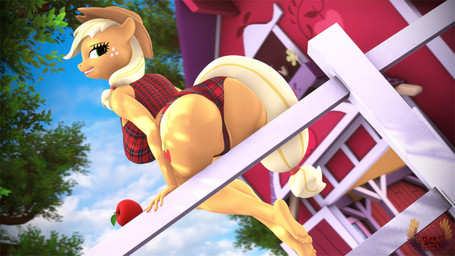 anthro anthrofied apple barn big_butt breasts butt clothed clothing female food freckles fruit looking_back plant solo loveslove friendship_is_magic hasbro my_little_pony applejack_(mlp) equid equine horse mammal pony 16:9 3d_(artwork) absurd_res digital_media_(artwork) hi_res widescreen