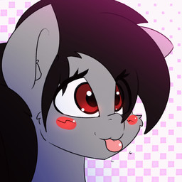 ambiguous_form black_hair blep blinking blush eyelashes female front_view fur grey_body grey_fur hair halftone_background long_hair pattern_background pink_tongue red_eyes simple_background solo tongue tongue_out n0nnny hasbro my_little_pony equid equine horse mammal pony 1:1 2018 2d_animation animated animated_gif digital_media_(artwork) frame_by_frame halftone headshot_portrait icon portrait short_playtime