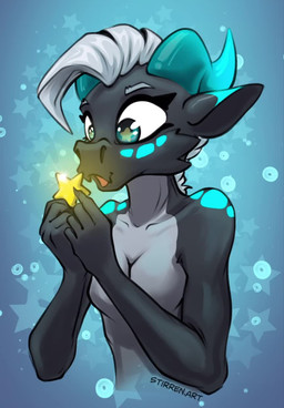 anthro female glistening glistening_eyes holding_object horn looking_at_viewer looking_down markings mohawk open_mouth smile solo spots spotted_body star stirren stirren_(stirren) kobold scalie animated hi_res no_sound portrait short_playtime slideshow video