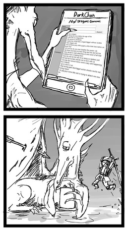 armor border duo electronics feral melee_weapon membrane_(anatomy) membranous_wings profanity size_difference sword tablet tablet_computer text weapon white_border wings unknown_artist 4chan dark_souls fromsoftware mythology black_dragon_kalameet dragon mythological_creature mythological_scalie scalie absurd_res english_text hi_res monochrome