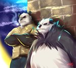 anthro belt black_body black_fur black_nose bottomwear cigarette clothed clothing duo eye_scar facial_scar fur humanoid_hands male multicolored_body multicolored_fur scar smoke smoking topwear wall_(structure) white_body white_fur ligoni beastars nintendo pokemon gouhin_(beastars) bear generation_6_pokemon giant_panda mammal pangoro pokemon_(species) 2019 crossover signature