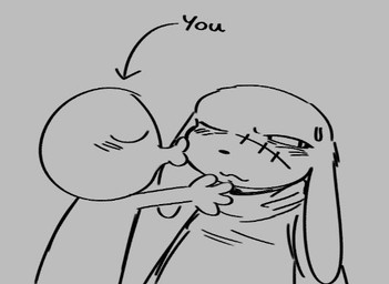 4_fingers ambiguous_gender ambiguous_human anthro black_nose blush blush_lines bodily_fluids cloak closed_smile clothing directional_arrow duo eyes_closed eyes_mostly_closed facial_scar fingers floppy_ears grey_background kissing_cheek looking_away lop_ears male male/ambiguous male_anthro mouth_closed narrowed_eyes scar simple_background smile sweat sweatdrop text oofmasterxd cave_story king_(cave_story) human lagomorph mammal mimiga 2025 english_description english_text greyscale monochrome