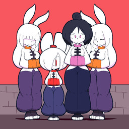 anthro big_breasts black_hair breasts clothed clothing eyes_closed female footwear fur group hair long_sleeves medium_breasts obscured_eyes ponytail ponytail_ears purple_eyes red_eyes small_breasts thick_thighs toeless_footwear white_body white_fur white_hair wide_hips usagibun1 jidie_(buttercupirl) juhua_(usagibun1) lanhua_(usagibun1) tuqiu_(usagibun1) lagomorph leporid mammal rabbit 2025 digital_media_(artwork)