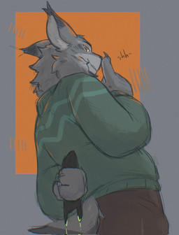 anthro bottomwear clothing dialogue fur grey_body grey_fur holding_object holding_weapon male pants shush simple_background solo sweater tail topwear venom venom_injector weapon jephhh disney zootopia pawbert_lynxley canada_lynx felid feline lynx mammal hi_res