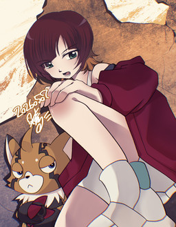 ahoge anthro blue_eyes bottomwear clothing cybernetics duo female frown fur green_eyes gun_arm hair jacket machine orange_body orange_fur shorts topwear weapon_arm sanekokoa bandai_namco digimon digimon_beatbreak reina_sakuya cyborg digimon_(species) human mammal pristimon hi_res