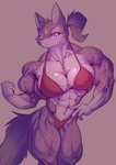 abs anthro biceps big_muscles bikini breasts clothing deltoids female flexing hair muscular muscular_anthro muscular_female pecs pink_eyes ponytail quads solo swimwear two-piece_swimsuit vein d.angelo canid canine canis mammal wolf 2021 hi_res