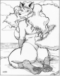 1998 anthro backless_clothing backless_swimsuit beach big_breasts bikini biped blonde_hair breasts butt canid canine clothing cloud detailed_background eyelashes female flowing_hair fluffy fluffy_tail fox fur greyscale hair half-closed_eyes long_hair long_tail looking_at_viewer looking_back mammal monochrome narrowed_eyes one-piece_swimsuit open-back_swimsuit oscar_marcus outside pawpads paws pinup pose sand sea seaside sitting sky smile solo swimwear tail tight_clothing two-piece_swimsuit water yellow_body yellow_fur
