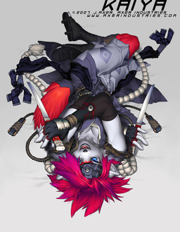 anthro biped blue_eyes breasts cleavage clothed clothing dagger female hair holding_object holding_weapon lying melee_weapon ninja pink_hair solo warrior weapon wide_hips j_axer kaiya canid canine fox mammal