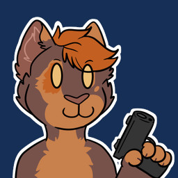 anthro brown_body brown_fur chibi fur gun male orange_body orange_fur owo ranged_weapon smile solo weapon anonymous_artist hawkpelt 1:1 alpha_channel low_res