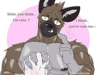 anthro biceps blush brown_body dialogue duo glistening glistening_body grey_body heart_symbol looking_at_viewer male muscular muscular_anthro muscular_male pecs self_insert sharp_teeth smile stubble talking_to_viewer teeth text touching_cheek y/n tsukielewds aggretsuko sanrio your_name haida_(aggretsuko) hyena mammal english_text hi_res