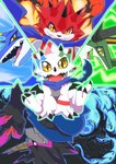 anthro claws electricity evolutionary_family fangs fire group kerchief male scarf teeth wind yellow_eyes mekadouraku bandai_namco digimon digimon_ghost_game betelgammamon digimon_(species) gammamon gulusgammamon kausgammamon wezengammamon