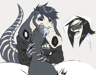 bedroom_eyes black_hair black_sclera blonde_highlights breasts cleavage clothed clothing dot_eyes duo facial_piercing fangs female finger_in_mouth forked_tongue gauged_snake_hood grey_body grey_scales hair half-closed_eyes highlights_(coloring) hoodie lip_piercing male male/female markings narrowed_eyes piercing scales seductive simple_eyes skeleton_(marking) skull_(marking) smile snake_hood snakebite_piercing stud_piercing tan_body tan_scales teeth tongue tongue_out tongue_piercing topwear dullvivid aiden_(dullvivid) ellie_(dullvivid) alligator alligatorid cobra crocodilian reptile scalie snake hi_res