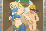 balls blindfold blonde_hair blue_eyes breasts clothed clothed/nude clothing duo erection female genitals gerudo_outfit hair hand_on_penis human_on_humanoid humanoid_pointy_ears interspecies light_body light_skin male male/female master_sword melee_weapon navel nipples not_furry nude penis pointy_ears sword under_boob veil weapon ragnaroktopod metroid nintendo the_legend_of_zelda link samus_aran elf human humanoid hylian mammal 3:2 crossover