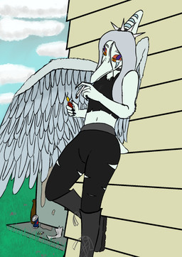 anthro biped black_boots black_bottomwear black_clothing black_crop_top black_footwear black_pants black_shirt black_topwear blue_body bone_frill boots bottomwear breasts cigarette claws clothed clothed_anthro clothed_female clothing cloud crop_top day elbow_feathers feathered_wings feathers female finger_claws fingers footwear frill_(anatomy) grass grey_body grey_feathers grey_hair hair half-closed_eyes holding_cigarette holding_object humanoid_hands knee_boots knee_highs legwear lighter long_hair markings narrowed_eyes navel non-mammal_breasts non-mammal_navel orange_eyes outside pants plant shirt shoes short_tail sky solo striped_markings stripes tail topwear torn_bottomwear torn_clothing torn_pants wings kuvas_(artist) cavemanon_studios goodbye_volcano_high ko_op_(game_developer) snoot_game fang_(gvh) prehistoric_species pterosaur reptile scalie colored hi_res