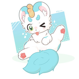 blue_body blue_fur blush blush_lines chest_tuft crossgender female feral fluffy fluffy_tail fur genitals green_eyes heart_symbol horn humanoid_genitalia humanoid_genitalia_on_feral humanoid_vulva humanoid_vulva_on_feral one_eye_closed pawpads presenting presenting_vulva solo tail tongue tongue_out tuft vulva white_body young zyuuniie fabulous_beasts mythology tianlu_(fabulous_beasts) mythological_creature pixiu 1:1 hi_res shaded signature