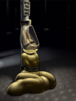 bdsm bodily_fluids bondage bound genital_fluids glistening latex male night peeing public sensory_deprivation solo submissive submissive_male text urinal urine watersports mot lagomorph leporid mammal rabbit 3:4 digital_media_(artwork) english_text hi_res