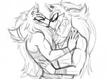 bracelet chest_tuft claws cuddling duo ear_piercing fluffy hair hug jewelry kissing long_hair makeup male male/male muscular petting piercing short_tail smile tail tuft biowolfmlya leooodh eulipotyphlan hedgehog mammal 4:3 monochrome