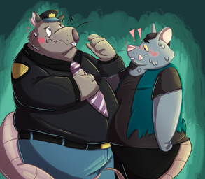 anthro belly big_belly blush bottomwear clothing duo hat headgear headwear male male/male overweight overweight_male pants shirt topwear chubbymeel brok_the_investigator cowcat_games guard_(brok_the_investigator) hacker_(brok_the_investigator) mammal mouse murid murine rat rodent 2025 hi_res