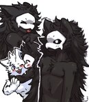 anthro black_body black_fur black_hair black_sclera blep blue_eyes blush blush_lines claws daww duo eyes_closed fur hair hug long_fur long_hair male mask one_eye_closed open_mouth simple_background solo_focus teeth tongue tongue_out white_background white_body white_eyes white_fur mew_orr changed_(video_game) lin_(changed) puro_(changed) canid canine canis goo_creature mammal wolf absurd_res digital_media_(artwork) hi_res