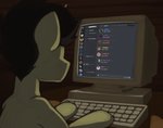 computer electronics feral horn looking_at_object male sitting solo text user_avatar marsminer discord_(app) hasbro my_little_pony mythology fan_character pone_keith equid equine mammal mythological_creature mythological_equine unicorn english_text hi_res lol_comments