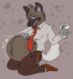 alcohol anthro belly beverage big_belly black_body black_fur blush bodily_fluids brown_body brown_fur clothed clothing drooling drunk food fruit fur hand_on_belly kneeling looking_at_viewer male markings navel obese olive_(fruit) overweight plant saliva solo spots spotted_body spotted_fur substance_intoxication eggo21 aggretsuko sanrio haida_(aggretsuko) hyena mammal spotted_hyena 2019 hi_res