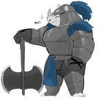 anthro armor axe broken_horn double_bitted_axe horn knight labrys male melee_weapon scar solo text warrior weapon hyaku_(artist) mammal rhinoceros japanese_text