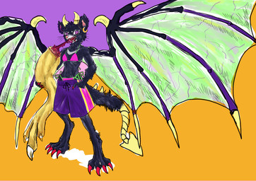 anthro bikini black_body black_fur blood bodily_fluids bottomwear bra claws clothed clothing ear_piercing ear_ring female fur gore horn membrane_(anatomy) membranous_wings piercing ring_piercing severed_body_part shorts simple_background solo swimwear tail two-piece_swimsuit underwear wings kyokyota mythology dasyurid dasyuromorph dragon hybrid mammal marsupial mythological_creature mythological_scalie scalie tasmanian_devil 2019 absurd_res hi_res