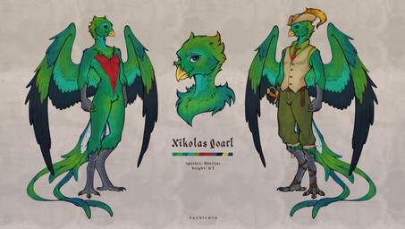 anthro black_body black_feathers blue_eyes bottomwear claws clothed clothed_anthro clothing feathers footwear green_body green_feathers hat headgear headwear male melee_weapon necktie nude_anthro nude_male red_body red_feathers red_necktie sabre_(weapon) sandals shoes shorts simple_background solo standing sword topwear tricorne vest weapon wings tashiroth avian bird quetzal trogonid full-length_portrait hi_res model_sheet portrait