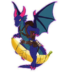 anthro backpack banana barefoot belt belt_buckle belt_pouch buckle claws feet food fruit horn looking_at_viewer male plant scales solo tail teeth teeth_showing wings yellow_eyes roli_poli mythology razekhrall_(roli_poli) dragon mythological_creature mythological_scalie scalie 5:6 absurd_res hi_res