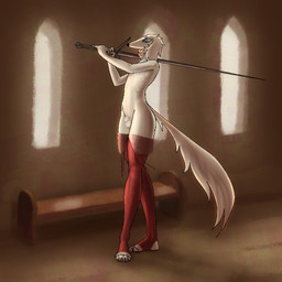 animal_genitalia anthro balls blue_eyes clothing femboy genitals inside legwear male melee_weapon nude_anthro sheath solo sword thigh_highs weapon white_body iziks borzoi canid canine canis domestic_dog hunting_dog mammal sighthound 1:1 hi_res