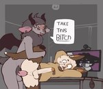 anal anal_penetration anthro balls biped brown_body brown_fur dialogue duo_focus erection femboy fur genitals glans grey_tail group hair horn humanoid_genitalia humanoid_penis inner_ear_fluff male male/male male_penetrated male_penetrating male_penetrating_male multicolored_body multicolored_fur open_mouth open_smile penetration penile penile_penetration penis penis_in_ass sex smile speech_bubble tail text trio tuft white_body white_fur wings divucup divu_(divucup) avian bird bovid caprine domestic_cat felid feline felis goat mammal animated english_text