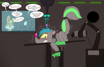 balls blush camera dialogue exhibitionism female genitals group male spacecraft speech_bubble strapped_down text vehicle avoid_posting kippykat juno_(kippykat) kipp_(kippykat) vexxy_roo_(kippykat) domestic_cat felid feline felis lagomorph leporid mammal mephitid rabbit skunk 2026 absurd_res digital_media_(artwork) english_text hi_res