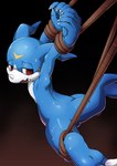 anthro arms_tied bdsm blue_body bodily_fluids bound claws dull_eyes finger_claws horn looking_back male rope solo sweat toe_claws voidtails bandai_namco digimon digimon_(species) veemon absurd_res hi_res