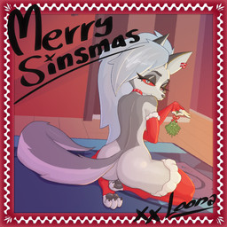 3_toes 4_fingers armwear bow_ribbon butt choker clothing ear_piercing elbow_gloves eyelashes eyeshadow feet female fingers fluffy fluffy_tail gloves hair handwear jewelry kneeling legwear long_eyelashes long_hair long_tail looking_back makeup mistletoe necklace nude on_ground pawpads paws piercing plant presenting presenting_hindquarters rear_view red_clothing red_sclera smile smirk solo stockings tail text thigh_highs toes white_eyes selfdestructking hellaverse helluva_boss mythology loona_(helluva_boss) canid canid_demon canine demon hellhound mammal mythological_canine mythological_creature absurd_res digital_media_(artwork) english_text hi_res