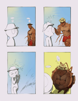 abs anthro biceps biped blush bodily_fluids clothing crouching day duo ellipsis flying_sweatdrops hat headgear headwear humor jewelry male male/male muscular muscular_anthro muscular_male necklace nervous outside pecs question_mark running shadow sky standing sweat sweatdrop swimming_trunks swimwear tan_body white_body kogito anon solifugae_(kogito) arachnid arthropod camel_spider human mammal 2023 absurd_res digital_media_(artwork) hi_res pictographics sequence