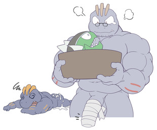 after_anal after_sex ambiguous_gender angry anthro balls bandage_on_butt bandaged_penis basin bodily_fluids cum cum_in_ass cum_inside dazed eyewear feral genital_fluids genitals glasses group male male/male musclegut muscular muscular_male navel nude penis pince-nez tears trio maldu nintendo pokemon flint_steel ryuji_kaiyo basculin generation_1_pokemon generation_8_pokemon machoke pokemon_(species) white-striped_basculin hi_res