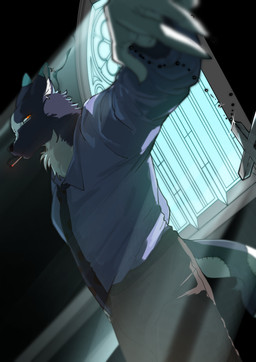5_fingers anthro biped blue_body blue_ears blue_fur blue_necktie bottomwear brown_bottomwear brown_clothing brown_pants cheek_tuft church cigarette cigarette_in_mouth claws clothing collared_shirt cross cross_(marking) cross_piercing detailed_background dipstick_ears ear_markings ear_piercing ear_ring facial_tuft finger_claws fingers fur glowing glowing_eyes holding_object holding_pendant inner_ear_fluff inside jewelry looking_at_viewer male markings multicolored_ears neck_tuft necktie object_in_mouth orange_eyes pants pattern_necktie pendant piercing religion ring_piercing shirt skinny smoke smoking snout solo spotted_necktie surgical_suture tall topwear tuft white_body white_clothing white_fur white_inner_ear_fluff white_markings white_sclera white_shirt white_topwear window minakoyuki christianity luzenith_lawchi canid canine mammal prehistoric_species 2026 absurd_res digital_drawing_(artwork) digital_media_(artwork) hi_res shaded