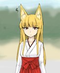 asian_clothing blonde_hair bottomwear bow_ribbon clothed clothing east_asian_clothing eyebrow_through_hair eyebrows eyelashes female hair hakama haori inner_ear_fluff japanese_clothing kimono looking_at_viewer miko_outfit red_bottomwear red_clothing red_eyes red_hakama shrine_maiden simple_background slim small_nose solo translucent translucent_hair tuft white_haori abubu animal_humanoid canid canid_humanoid canine canine_humanoid fox fox_humanoid humanoid mammal mammal_humanoid