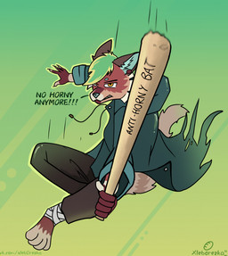 angry anthro aroused bandage bat_(object) blue_ears clothed clothing fur green_hair green_nose hair male multicolored_body multicolored_fur piercing red_body red_fur solo text torn_clothing yellow_eyes xleb0rezka bonk_(meme) canid canine fox mammal hi_res url