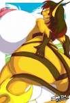 anthro anthrofied areola big_breasts big_butt big_nipples breasts brown_hair butt curvy_figure female fur hair highlights_(coloring) huge_breasts huge_butt huge_thighs hyper hyper_breasts hyper_butt looking_back low-angle_view nipples nude orange_body orange_fur pink_nipples pokemorph red_highlights simple_background smile solo striped_back striped_body striped_butt striped_fur stripes tail thick_thighs white_breasts dedoarts nintendo pokemon ampz fan_character generation_1_pokemon mammal pokemon_(species) raichu rodent 2013 digital_media_(artwork)