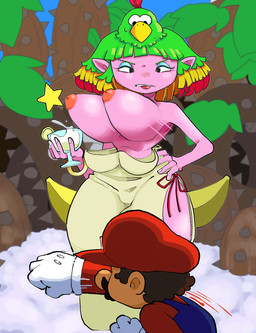 areola beverage big_breasts black_eyes blue_eyeshadow blush blush_lines bracelet breasts clothing exposed_breasts eyeshadow female feral front_view group hand_on_hip holding_beverage holding_glass holding_object huge_breasts humanoid_pointy_ears inverted_nipples jewelry lipstick makeup male nipples pink_areola pink_body pink_nipples pointy_ears red_lipstick thick_thighs trio wardrobe_malfunction wide_hips 4chan_anon unknown_artist mario_bros nintendo super_mario_rpg_legend_of_the_seven_stars mario queen_valentina avian bird human humanoid mammal hi_res