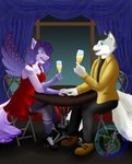 alcohol anthro beverage blue_eyes bottomwear breasts chair champagne clothed clothing container cup curtains dinner dress duo eye_contact female footwear fur furniture grey_body grey_fur grey_hair hair heart_symbol legwear looking_at_another male male/female multi_tail necktie pants purple_body purple_eyes purple_fur purple_hair red_clothing red_dress romantic romantic_ambiance romantic_couple shoes table tail thigh_highs window wings darkdukewolf canid canine canis domestic_dog fox husky mammal nordic_sled_dog spitz wolf absurd_res hi_res