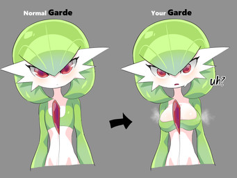 arms_at_sides blush breasts chest_spike female green_body green_hair grey_background hair hair_between_eyes medium_breasts pseudo_hair red_eyes simple_background solo spikes spikes_(anatomy) steam text white_body ddingyong nintendo pokemon gardevoir generation_3_pokemon humanoid pokemon_(species) 2023 half-length_portrait hi_res multiple_scenes portrait