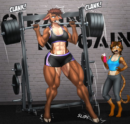 2_toes 4_toes 5_fingers abs anthro athletic athletic_anthro athletic_female barefoot biceps bottomwear bra breasts brown_body brown_fur brown_hair cleavage clenched_teeth clothed clothing cloven_hooves deltoids digitigrade duo exercise fangs feet female fingers fur gym hair hindpaw hooves humanoid_hands imminent_fall midriff muscular muscular_anthro muscular_female muscular_thighs navel open_mouth pants paws pecs pecs_with_breasts shorts slipping sports_bra standing teeth toes underwear unguligrade weightlifting weights workout mykegreywolf cervine deer domestic_cat felid feline felis mammal 2022 absurd_res digital_media_(artwork) hi_res signature