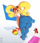 2020 activision anthro bandicoot bent_over big_breasts big_butt blonde_hair breasts butt camel_toe clothed clothing coco_bandicoot computer crash_bandicoot crash_bandicoot_(series) digital_media_(artwork) duo electronics eyewear eyewear_on_head female food fruit galacticmichi goggles goggles_on_head green_eyes hair laptop long_hair looking_back mammal marsupial overalls plant shirt text topwear url wumpa_fruit